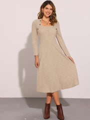 Casual Square Neck A-Line Pockets Midi Knitted Sweater Dress