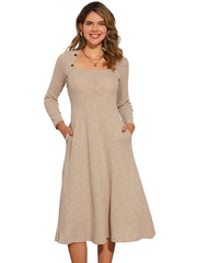 Casual Square Neck A-Line Pockets Midi Knitted Sweater Dress