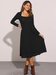 Casual Square Neck A-Line Pockets Midi Knitted Sweater Dress