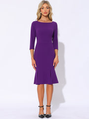 Business Elegant Boat Neck Half Sleeve Pleated Midi Solid Dress