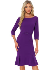Business Elegant Boat Neck Half Sleeve Pleated Midi Solid Dress