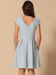 Plaid Tweed Round Neck Cap Sleeve A-Line Vintage Pleated Dress