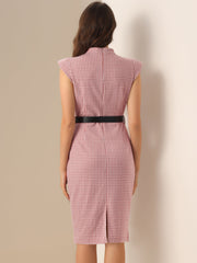 Houndstooth Cap Sleeve Belted Mock Neck Midi Sheath Dress