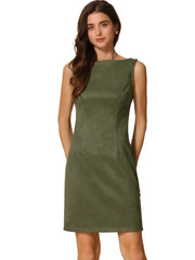 Faux Suede Boat Neck Sleeveless Sheath Midi Dress