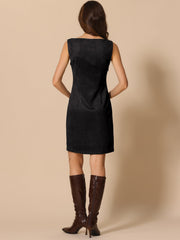 Faux Suede Boat Neck Sleeveless Sheath Midi Dress