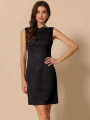 Faux Suede Boat Neck Sleeveless Sheath Midi Dress