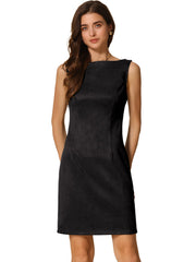 Faux Suede Boat Neck Sleeveless Sheath Midi Dress