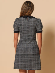 Tweed Peter Pan Collar Puff Short Sleeve A-line Midi Dress