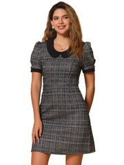 Tweed Peter Pan Collar Puff Short Sleeve A-line Midi Dress