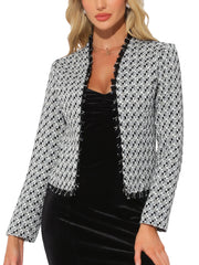 Plaid Tweed Long Sleeve Open Front Work Office Jacket