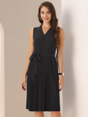 Sleeveless V Neck Belted A-line Midi Elegant Pleated Dress