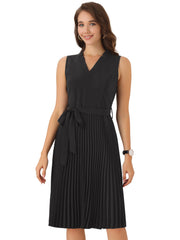 Sleeveless V Neck Belted A-line Midi Elegant Pleated Dress