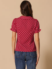 Polka Dot Short Puff Sleeve Button Up Peter Pan Collar Blouse
