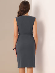 Solid Color V Neck Sleeveless Belted Business Office Midi Sheath Dress