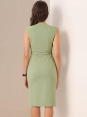 Solid Color V Neck Sleeveless Belted Business Office Midi Sheath Dress