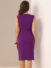 Solid Color V Neck Sleeveless Belted Business Office Midi Sheath Dress