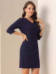 3/4 Sleeve Solid Color Ruched V Neck Midi Sheath Dress
