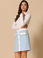 Plaid Tweed Contrast Color Button Decor Business Casual Mini Skirt