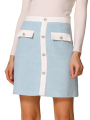 Plaid Tweed Contrast Color Button Decor Business Casual Mini Skirt