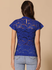 Elegant Floral Lace Short Sleeve Keyhole Back Fitted Blouse