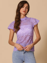 Elegant Floral Lace Short Sleeve Keyhole Back Fitted Blouse