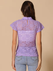 Elegant Floral Lace Short Sleeve Keyhole Back Fitted Blouse