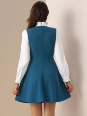 Patchwork Contrast Color Long Sleeve Tie Neck Mini Dress