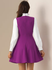 Patchwork Contrast Color Long Sleeve Tie Neck Mini Dress