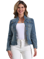 Casual Denim Classic Stand Collar Long Sleeve Jean Jacket