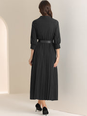 Collar V Neck Belted Dressy Casual Pleated Maxi Dress