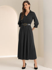 Collar V Neck Belted Dressy Casual Pleated Maxi Dress