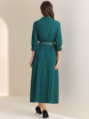 Collar V Neck Belted Dressy Casual Pleated Maxi Dress