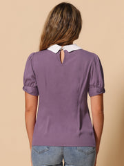 Pleated Contrast Peter Pan Collar Puff Short Sleeve Blouse