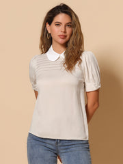 Pleated Contrast Peter Pan Collar Puff Short Sleeve Blouse