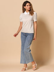 Pleated Contrast Peter Pan Collar Puff Short Sleeve Blouse