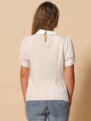 Pleated Contrast Peter Pan Collar Puff Short Sleeve Blouse