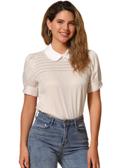 Pleated Contrast Peter Pan Collar Puff Short Sleeve Blouse