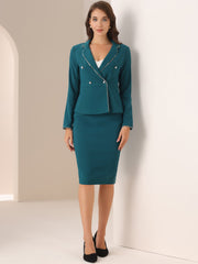 Business Suit 2 Pieces Tweed Trim Blazer Jacket and Skirt Set