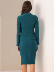 Business Suit 2 Pieces Tweed Trim Blazer Jacket and Skirt Set