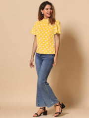 Polka Dots Stand Collar Pleat Keyhole Short Flare Sleeve Blouse