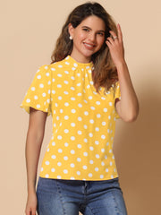 Polka Dots Stand Collar Pleat Keyhole Short Flare Sleeve Blouse
