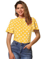 Polka Dots Stand Collar Pleat Keyhole Short Flare Sleeve Blouse