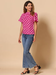 Polka Dots Stand Collar Pleat Keyhole Short Flare Sleeve Blouse