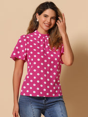 Polka Dots Stand Collar Pleat Keyhole Short Flare Sleeve Blouse
