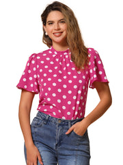 Polka Dots Stand Collar Pleat Keyhole Short Flare Sleeve Blouse