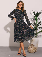 Floral Long Sleeve Belted Flowy Chiffon Midi Dress