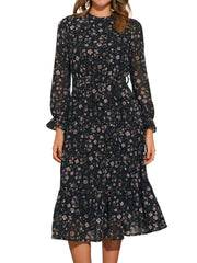 Floral Long Sleeve Belted Flowy Chiffon Midi Dress