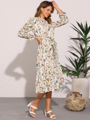 Floral Long Sleeve Belted Flowy Chiffon Midi Dress