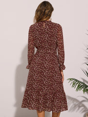Floral Long Sleeve Belted Flowy Chiffon Midi Dress