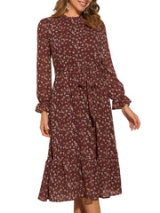 Floral Long Sleeve Belted Flowy Chiffon Midi Dress
